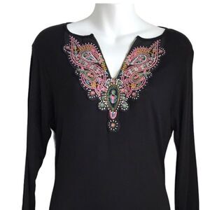 Vintage Suzie Boho Embroidered Black Keyhole Long Sleeve Top Size Small